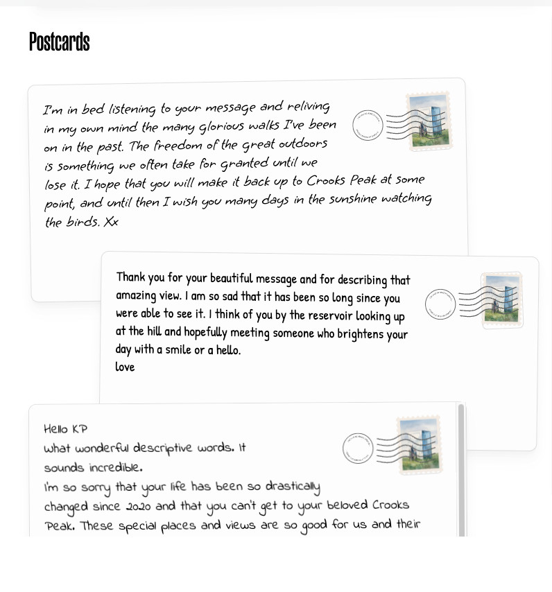 A selection of postcards with messages to KP, layered on top of each other, each stamped with a stamp which is a photo of the Mirrorbox, in the top right.