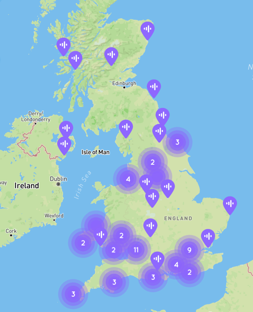 Screenshot of the message map. Purple dots across the UK represent messages left by people contributing to the I Would Be Here if I could project